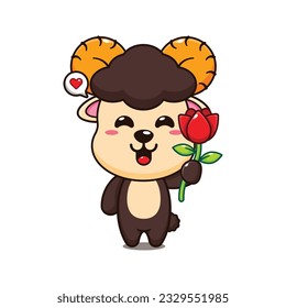 ram sheep holding rose flower cartoon vector illustration.