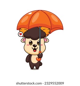 ram sheep holding umbrella cartoon vector illustration.