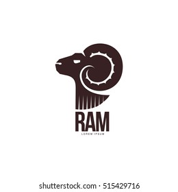 Ram, sheep, lamb head silhouette graphic logo template, vector illustration on white background. Side view black and white sheep, lamb, ram silhouette head for business, farm, wool products logo