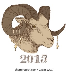 Ram or sheep, symbol 2015. Hand drawn illustration. Vector illustration of a sheep. 