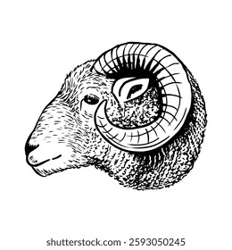 Ram sketch style drawing. Farm animal retro vector hand drawn illustration. Sheep portrait. Lamb head