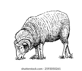 Ram sketch style drawing. Farm animal retro vector hand drawn illustration. Sheep eating grass.