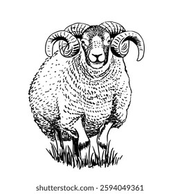 Ram sketch style drawing. Farm animal retro vector hand drawn illustration. Sheep standing 