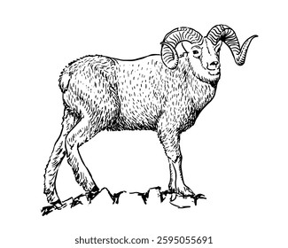 Ram sketch style drawing. Farm animal retro vector hand drawn illustration. Sheep standing 