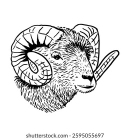 Ram sketch style drawing. Farm animal retro vector hand drawn illustration. Sheep portrait. Lamb head