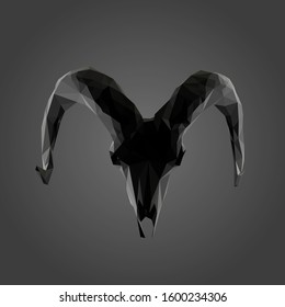 Ram Skull in Black and White. Dark Low Poly Vector Greyscale Silhouette 3D Rendering