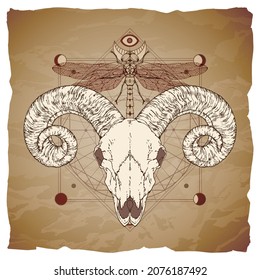 Ram skull, dragonfly and geometric symbol on vintage paper background with torn edges. Abstract mystic sign. Image in sepia and red color.