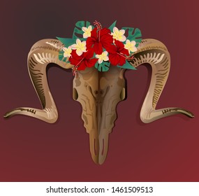 Ram skull with flowers on his head. Native american decor, print element, tribal bohemian navajo, Indian, Peru, Aztec wrapping. 
Print for t-shirts and longesleeve