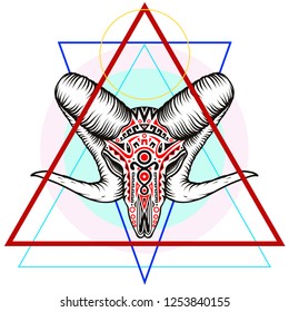 Ram skull with a geometric symbol. Dotwork style.