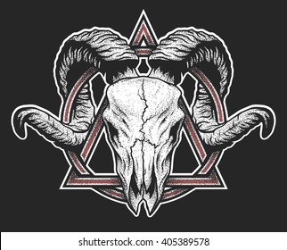 Ram skull and geometric symbol  Dotwork style  On dark background 