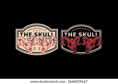 Ram skull head retro badge logo vector design set for adventure, outdoor. Wild goat skull with horn vintage emblem logo graphic pack. Horned ram skull wildlife illustration label element design