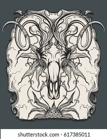 Ram skull and horns   flowers  Animal skull drawn in engraving style  Vector illustration