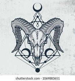 Ram skull in ink graphic technique. Vector illustration of ram skull with sacred geometry shapes on grunge background. Good for posters, t-shirt prints, tattoo design.