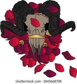 ram skull on a background of camellas