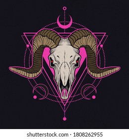 Ram skull and pink decorative elements  Tatoo sketch  Vector illustration