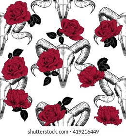 Ram skull and red roses. Vector seamless pattern