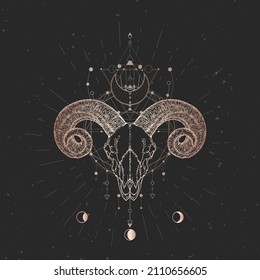 Ram skull and Sacred geometric symbol on black vintage background. Abstract mystic sign. Gold linear shape. 