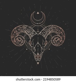 Ram skull and Sacred geometric symbol on black vintage background. Abstract mystic sign. Gold linear shape. 