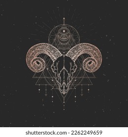 Ram skull and Sacred geometric symbol on black vintage background. Abstract mystic sign. Gold linear shape.