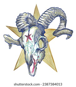 Ram skull skeleton with spiritual symbols