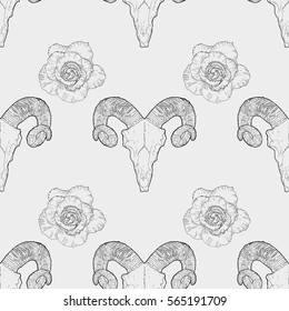 Ram skull. Tattoo design, mystic symbol. New school dotwork. Boho design. Print, posters, t-shirts and textiles