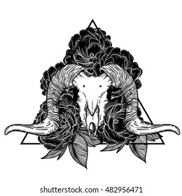 Ram skull vector illustration. occult symbol. goat devilish magical symbol and Flowers peonies and roses in the triangle
