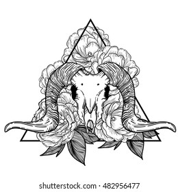Ram skull vector illustration. occult symbol. sheep devilish magical symbol and Flowers peonies and roses in the triangle