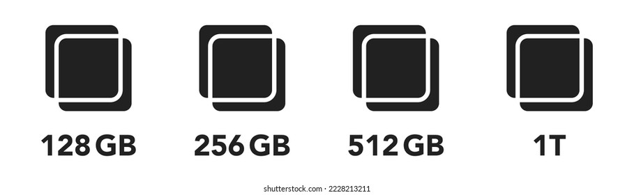 Ram ssd icon. Vector computer memory chip icons. 128 256 512 GB symbol. EPS 10.