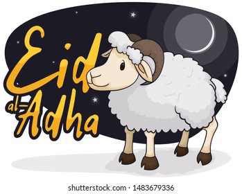 Ram in a starry night with crescent moon in the sky commemorating Eid al-Adha or Festival of Sacrifice.