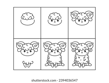 Ram. Step by step drawing. Coloring page, coloring book page. Black and white vector illustration.