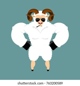 Ram Strong Cool serious. Sheep smoking cigar emoji. Farm animal strict. Vector illustration