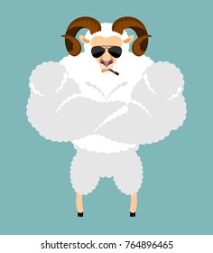 Ram Strong Cool serious. Sheep smoking cigar emoji. Farm animal strict. Vector illustration