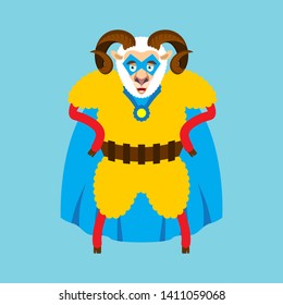 Ram superhero. Super Sheep in mask and raincoat. Strong Farm animal