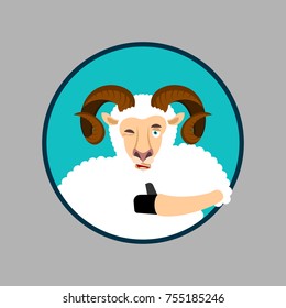 Ram thumbs up and winks emoji. Sheep Farm Animal happy emoji. Vector illustration