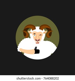 Ram thumbs up and winks emoji. Sheep Farm Animal happy emoji. Vector illustration