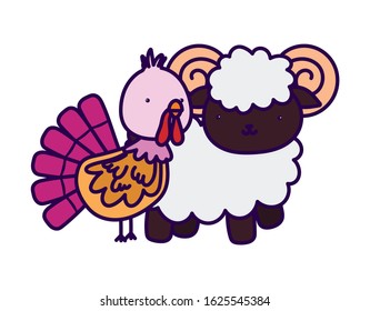 ram and turkey farm animal cartoon vector illustration