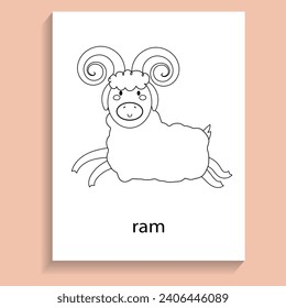 ram, ungulate herbivores animals cartoon flat line for coloring page