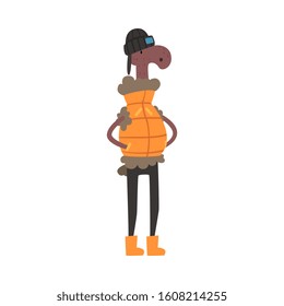 Ram Wearing Warm Veast and Hat, Humanized Farm Animal Character in Winter Clothes Cartoon Vector illustration