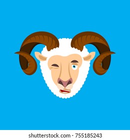 Ram winking face avatar. Sheep Farm Animal happy emoji. Vector illustration