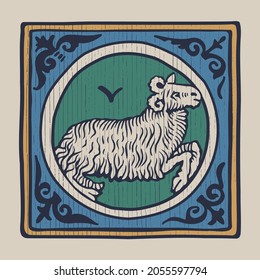 Ram zodiac medieval-style illustration. Dim colored square emblem perfect for T-shirts, retro manuscripts, and invitations.