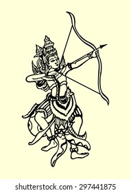 Rama Archery Pose Traditional Hand Drawing Illustration Style. Classic Ramayana Story Book.