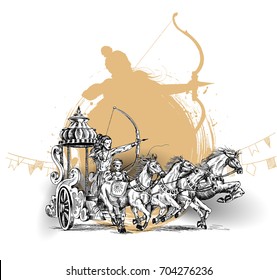 Rama killing Ravana in Happy Dussehra background showing festival, Hand Drawn Sketch Vector illustration.