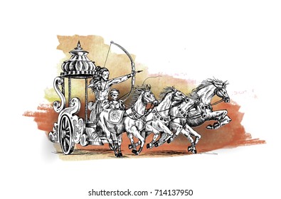 Rama killing Ravana in Happy Dussehra background showing festival, Hand Drawn Sketch Vector illustration.