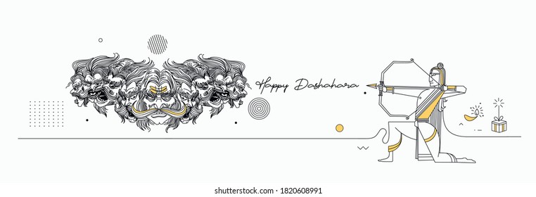 Rama killing Ravana with ten heads bow and arrow with text Happy Dussehra (Hindu holiday Vijayadashami)  festival of India.