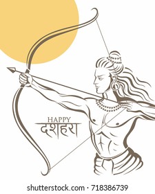 Rama Lord with bow killing devil Ravana. Greeting background for Navratri festival with hindi text meaning Dussehra (Hindu holiday Vijayadashami). Vector illustration.