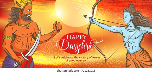 Rama Señor con arco matando al diablo Ravana. Saludo los antecedentes del festival Navratri con la leyenda Dussehra (festividad hindú Vijayadashami). Ilustración vectorial.