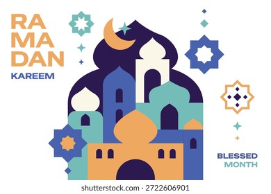 Projeto Ramada Kareem com mesquita e moderno elemento decirativo islâmico geométrico.