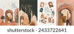 Ramada kareem. Eid Mubarak. Vector illustration of Muslim objects and icons, lantern, city with mosque, street with people, arch, crescent and logo for greeting card, poster or background. 