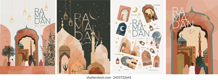 Ramada kareem. Eid Mubarak. Vector illustration of Muslim objects and icons, lantern, city with mosque, street with people, arch, crescent and logo for greeting card, poster or background. 