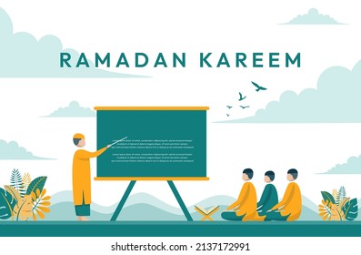 Ramadaan mubarak con tres estudiantes con ilustración vector de profesores para sitio web de banners o página de aterrizaje